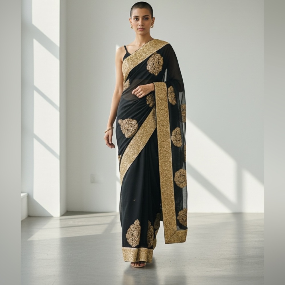 Nwots Elegant Black and Gold Saree
